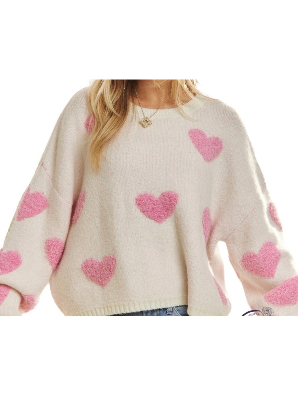 Notion cream and pink puffy heart sweater